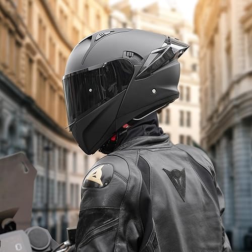 Miniatura 7 de Casco modular de motocicleta con doble visera, abatible, de cara completa, aprobado por el DOT, para adultos, hombres y mujeres (SJ-809 negro mate,