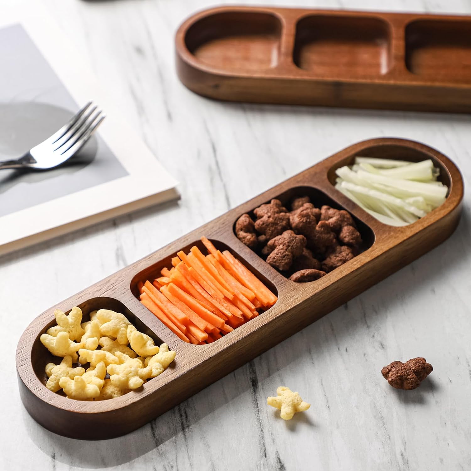 2 Pcs Soy Sauce Dish, Wooden Divided Dip Bowls, Korean 4-Compartment Sauce Plates for Home Restaurant BBQ, Vinegar, Spices, Ketchup, Salt, Sugar, and Flavors