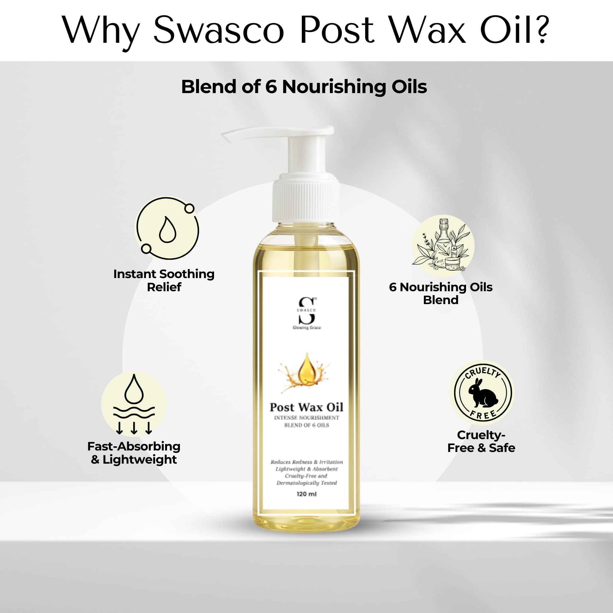 Swasco After Wax Massage Oil with Blend of 6 Nourishing Oils | Soothes & Hydrates Skin | Lightweight, Non-Sticky | Reduces Redness, Irritation & Bumps | Nourishes & Moisturizes skin Post Wax 120 ml 1