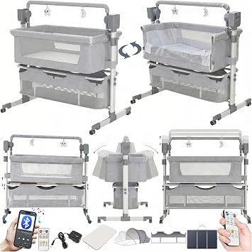 Electric Bluetooth Smart Next to Me Crib, Multi-functional Baby Bedside Crib, Height Adjustable Bedside Cribs Baby Bassinet 601 Mid Grey