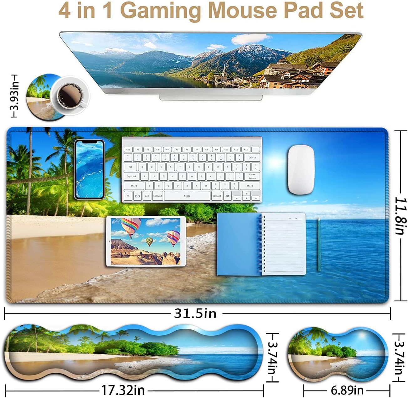 Office Desk Pad, Large Mouse Pad(31.5" x 11.8") Laptop Desk Table Protector Extended Writing Mat, Ergonomic Memory Foam Keyboard Wrist Rest Support,Tropical Palm Sea Beach View Gaming Mouse Pad Set