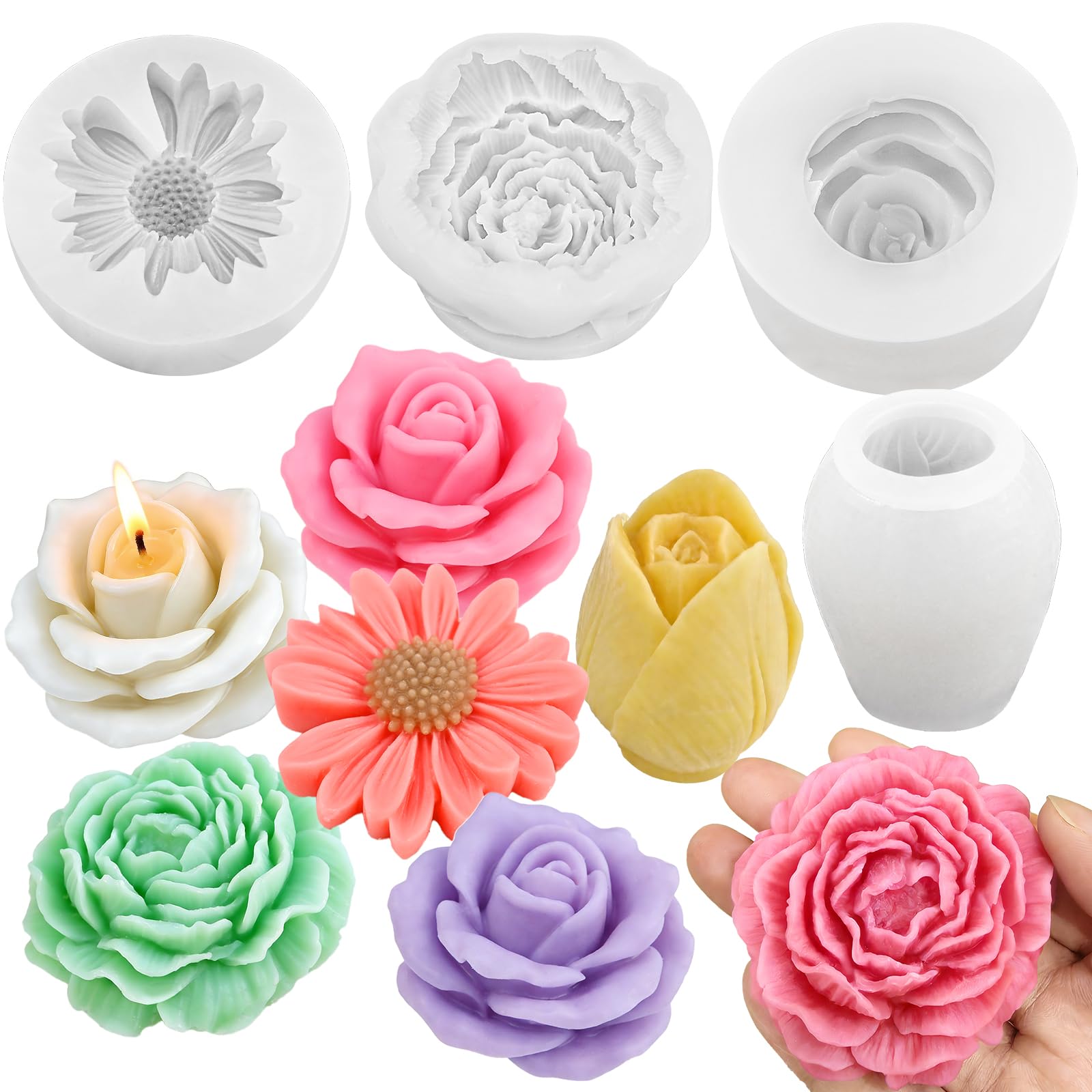 4 Pcs Flower Silicone Molds Set, 3D Floral Silicone Molds Daisy, Peony, Rose, Tulips, Easy Release, Ideal for DIY Candles, Soap, Epoxy Resin Casting Mom Gifts Daisy+Peony+Rose+tulips Flower Candle Molds