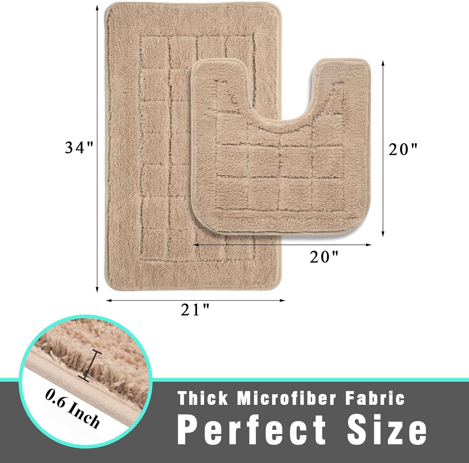HEBE Bath Rug Set 2 Piece Beige Non Slip Bathroom Contour Rug Combo Microfiber Bath Shower Mat and U-Shaped Toilet Rug Machine Washable(21"x34"+20"x20") - Image 3