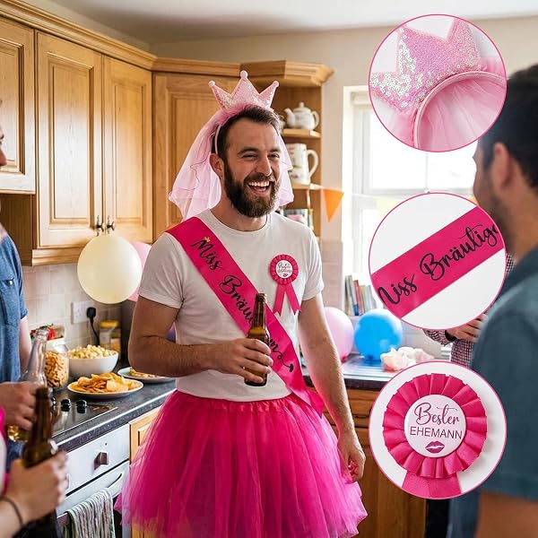 DvBCNMe JGA Kostüm Männer, Junggesellenabschied Männer, Tütü Herren, Junggesellenabschied Outfit Set für Partyfeiern, 1-teiliges Bräutigam Kostüm mit Krone, Abzeichen, Schärpe und Rock - 3