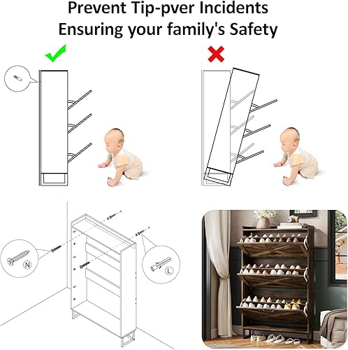 Miniatura 7 de Maupvit Armario de almacenamiento de zapatos con 3 cajones abatibles, organizador independiente con patas de metal para entrada, armario estrecho