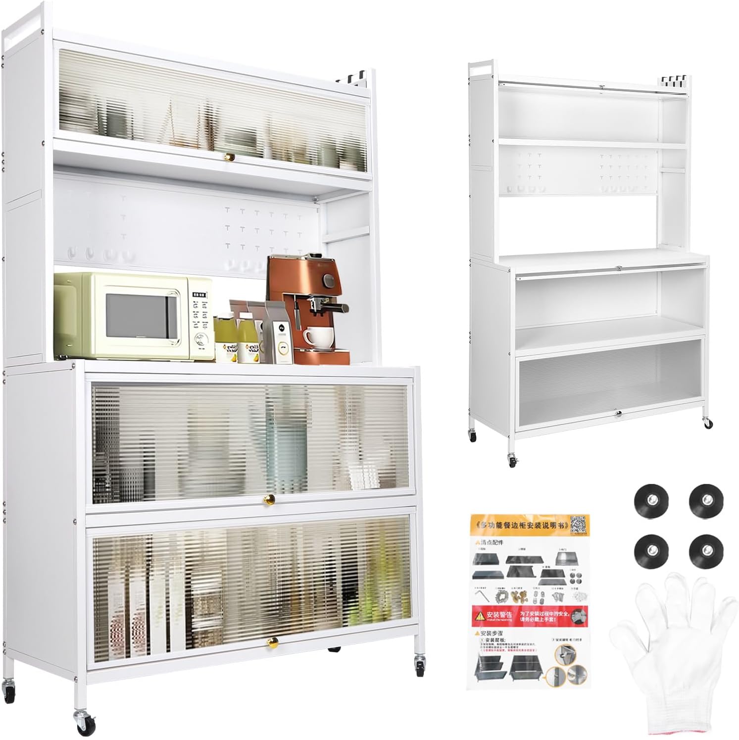 Wheeled Multi-Layer Floor Storage Cabinet with Locker Hole Board Freestanding Storage Cabinet Rust Proof Microwave Oven Pot Oven Rack