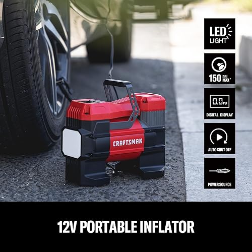 Miniatura 2 de CRAFTSMAN Inflador de neumáticos portátil de 12 V, bomba de compresor de aire digital con indicador y luz LED, apagado automático de 150 PSI, bomba