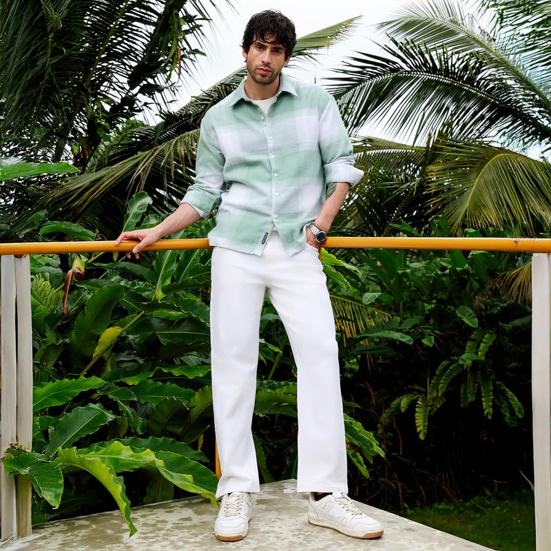 Image of CAHOOT Men Shirt | Spread Collar, Long Single-Button Cuff Sleeves | Button, Straight Hem | Plaid Twill | Woven Fabric for Casual Light Pistachio:Cream White