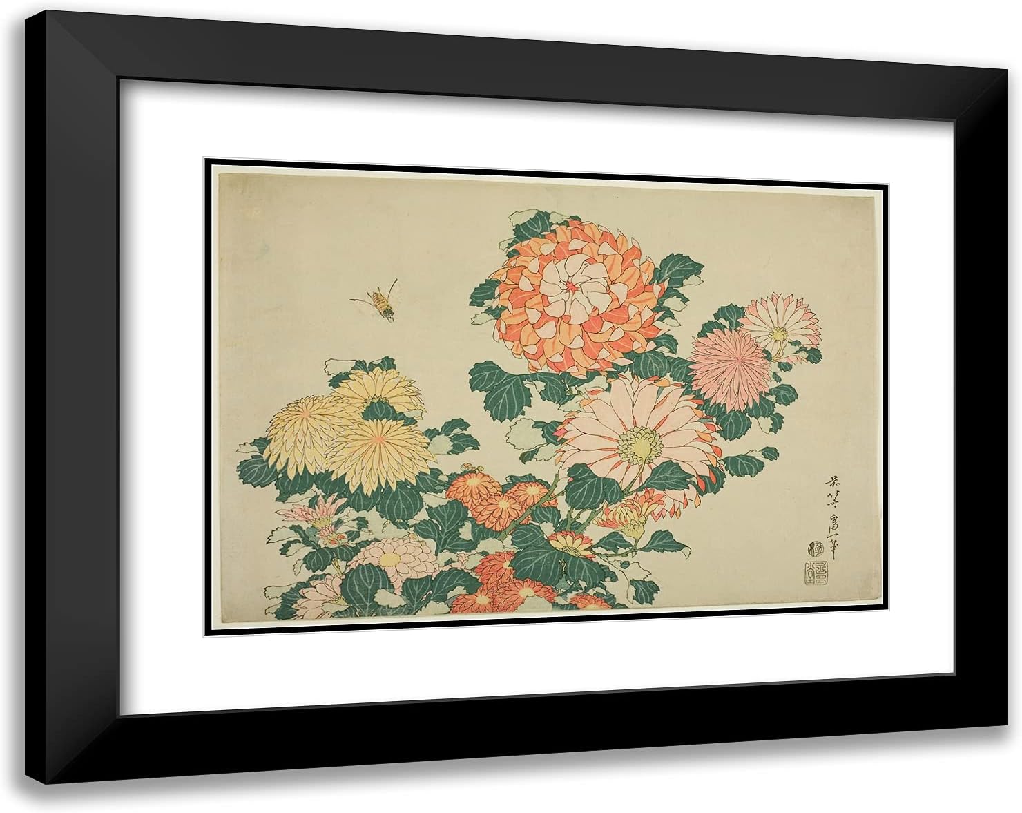 ArtDirect Katsushika Hokusai 24x19 Black Modern Framed and Double Matted Art Print Titled Chrysanthemums and Bee, from an Untitled Series of Large Flowers