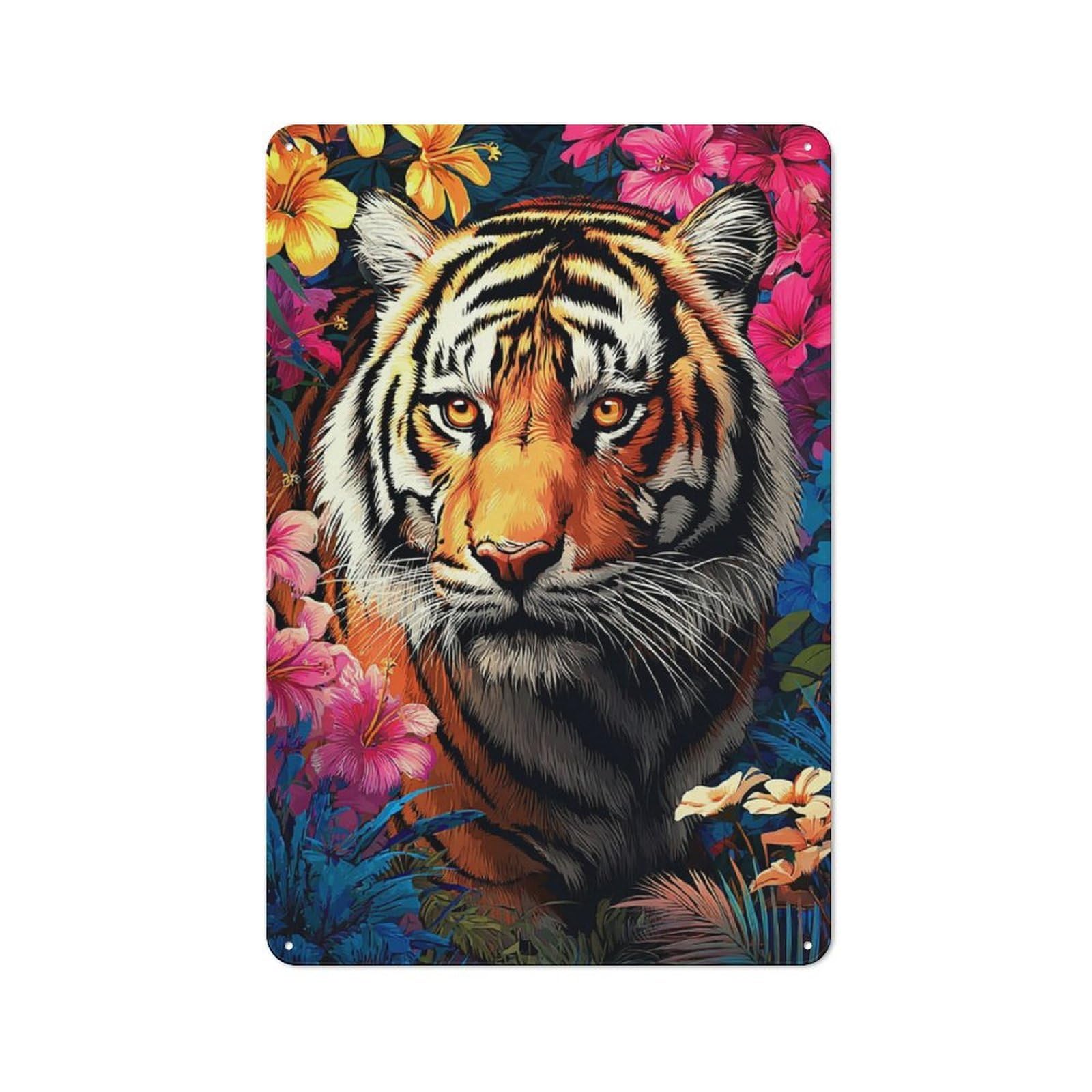 Junmoney Tiger Amidst Vibrant Flowers Retro Metal Sign 30X20cm, Garage Style Shed Wall Plaque For Garage, Hobby Room, Office Or Man Cave