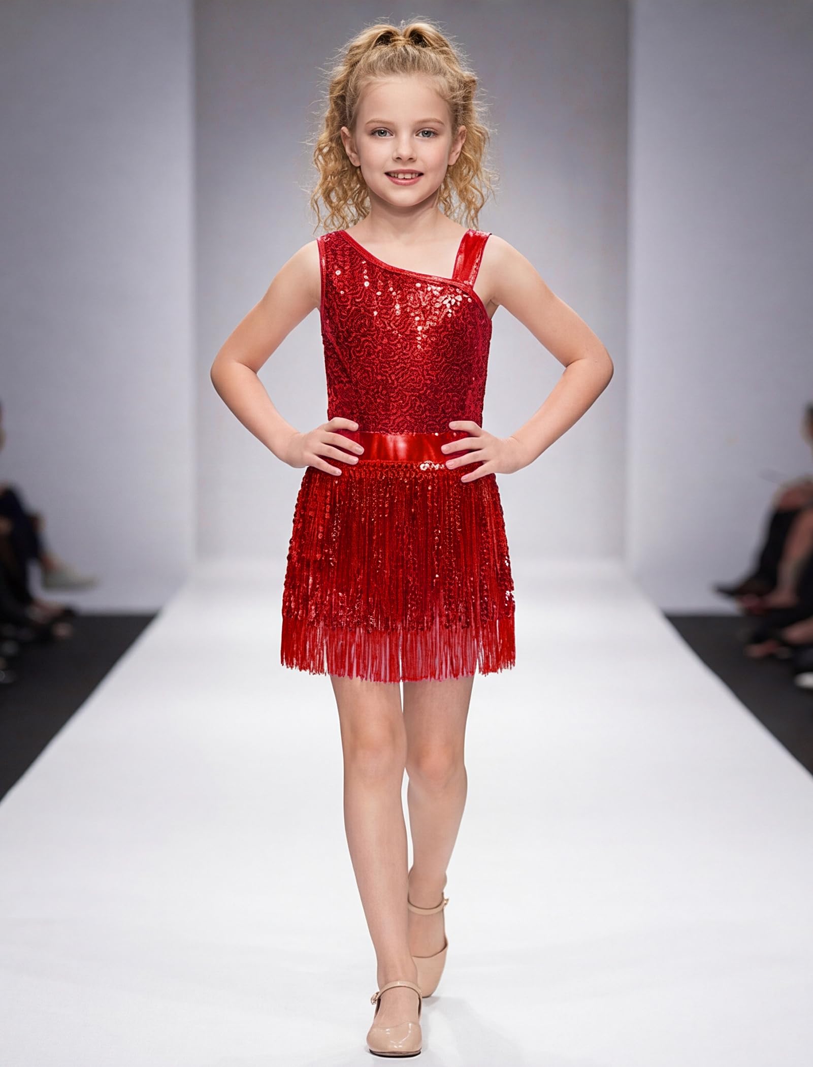 IWEMEK Glitzerndes Paillettenkleid für Mädchen, einschultrig, für Mädchen, Fransen-Body, 1920er-Jahre, Quaste, Flapper-Kleid, Jazz-Tanz-Outfits