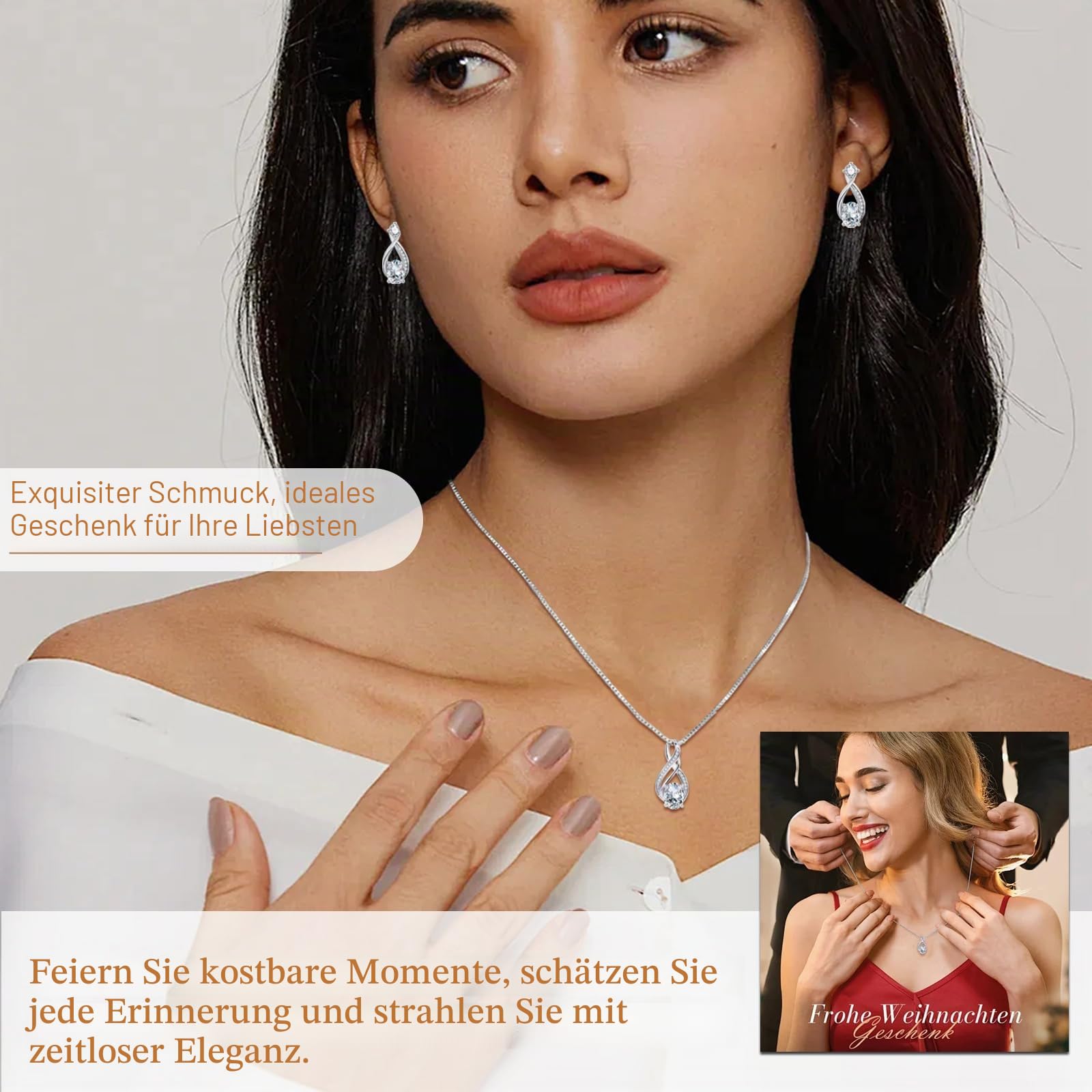 Schmuckset Silber 925 Damen, 925 Sterling Silber Unendlichkeit Halskette & Ohrstecker Set, 2 PCS Schmuck Set - Silberkette mit Tropfen Anhänger & Ohrstecker mit 5A Zirkonia für Mutter Ehefrau