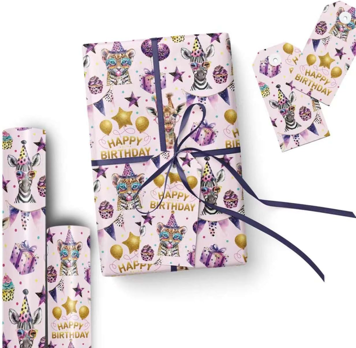 Vnaaem Birthday Wrapping Paper Roll for Girls Kids - Pink & Gold Safari Animals Happy Birthday Party Design Gift Wrap for Party Baby Shower(Total 28.5 sq.ft) image 3