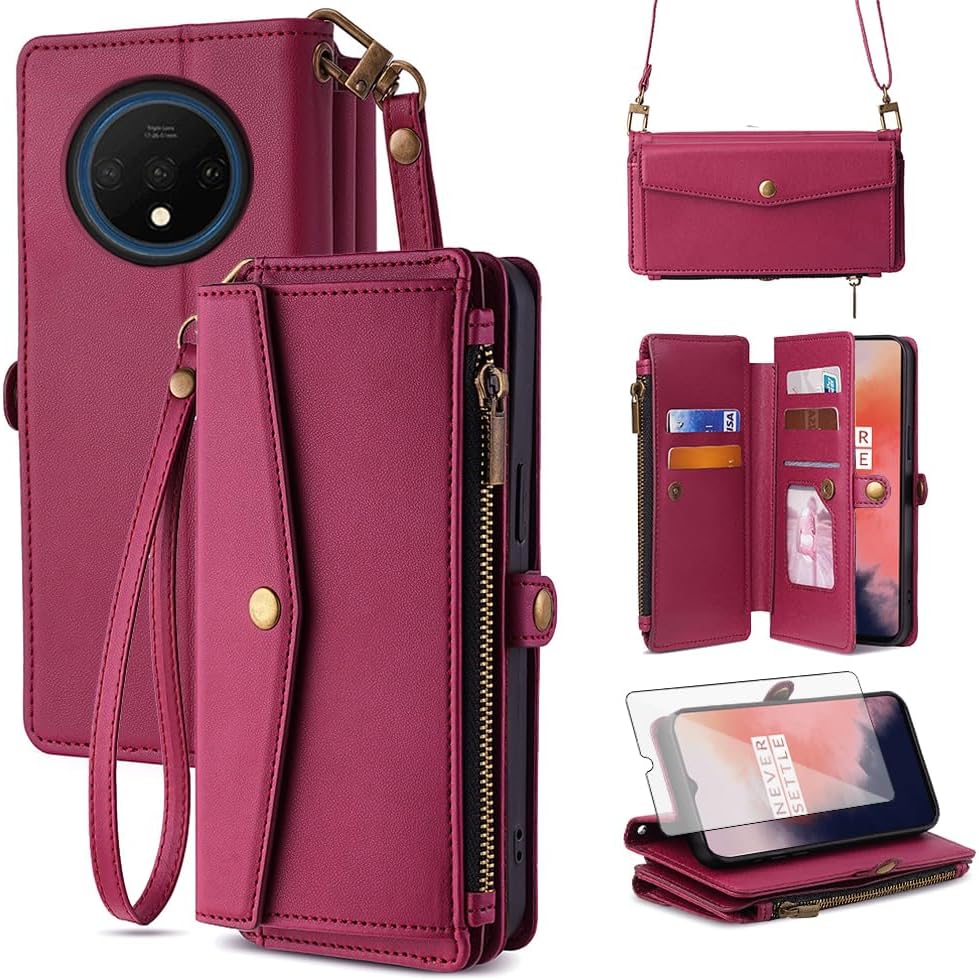 Asuwish Phone Case for OnePlus 7T Zipper Wallet Cover with Screen Protector and Leather Card Holder Slot Stand Wrist Strap Accessories OnePlus7t 5G One Plus7T 1 Plus T7 1plus + 1+ 1+7T Women Men Red