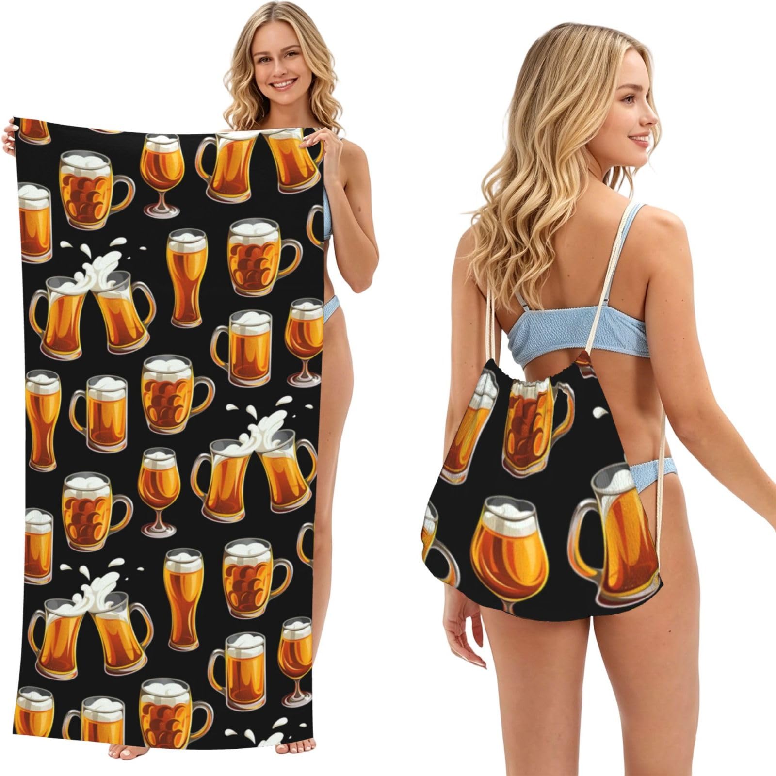 Poadnly As Picture Beer Glass, 2 In 1 Packable Towel Bag, Beach Towels With Drawstring Backpack For Travel Holiday Camping