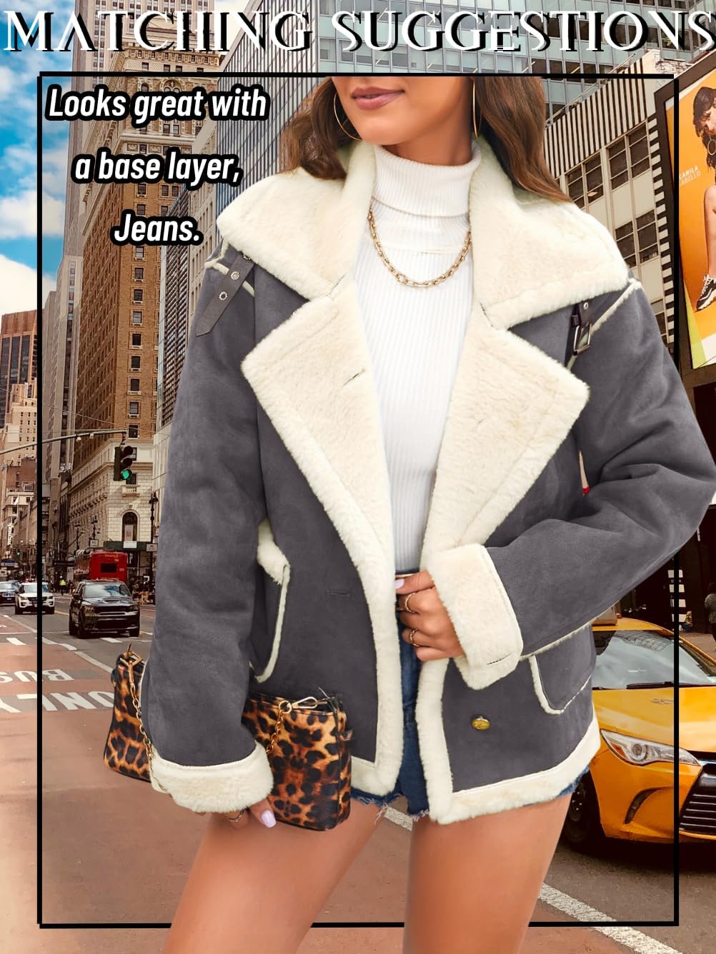 Women's Faux Suede Sherpa Lined Jacket, Oversized Fur Lapel Coat, Winter Warm Outfit Trendy - Image 5