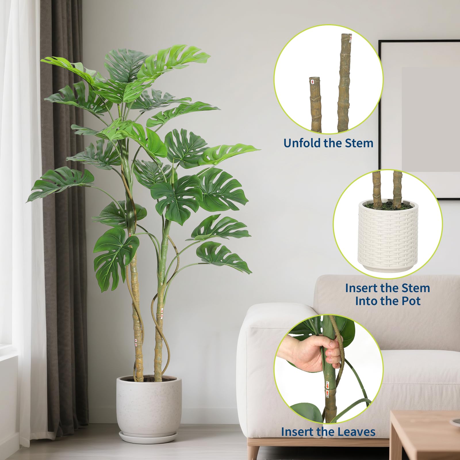 GarveeHome 150 cm grande monstera artificiale realistica, pianta da interno con vaso, muschio, multi ramo e fogliame, senza manutenzione, albero artificiale decorativo per soggiorno, ufficio, balcone