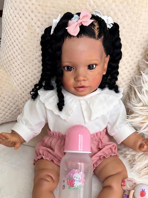Pinky Lifelike Black Reborn Baby Dolls 26 Inch 68cm Baby Soft Body Realistic Newborn Baby Doll with Hair African American Real Life Baby Dolls Cloth Body Toy for Kids Age 3+ by Pinky Reborn - Used condition - US$63.13