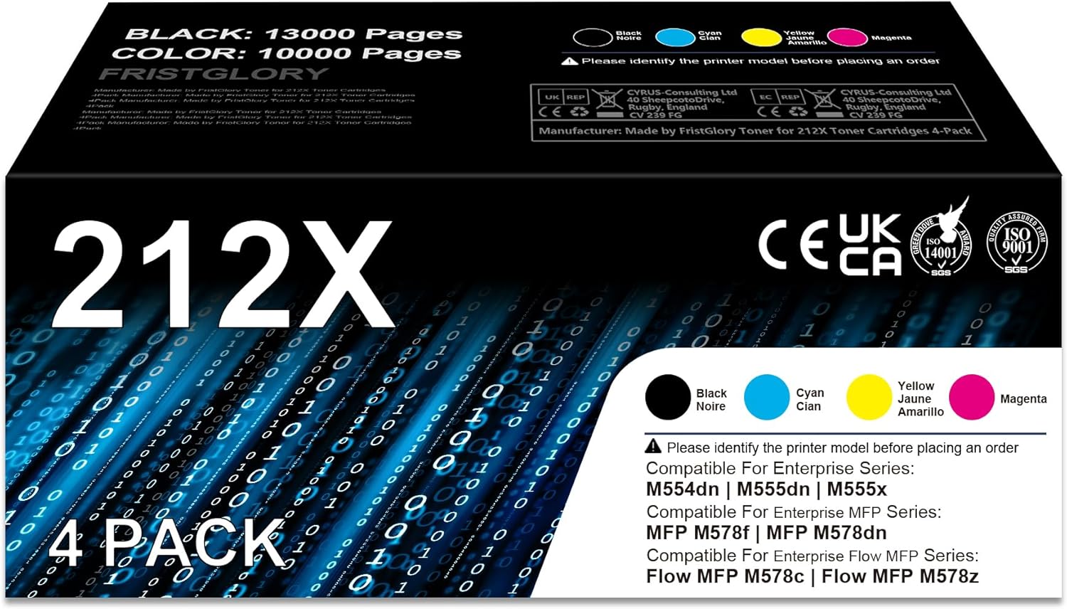 212X Toner Cartridges 4 Pack (B/C/Y/M) High Yield Replacement for HP 212A W2120A 212X W2120X Toner Cartridge work for Enterprise M554dn M555dn M555x MFP M578f M578dn Flow MFP M578c M578z Printer