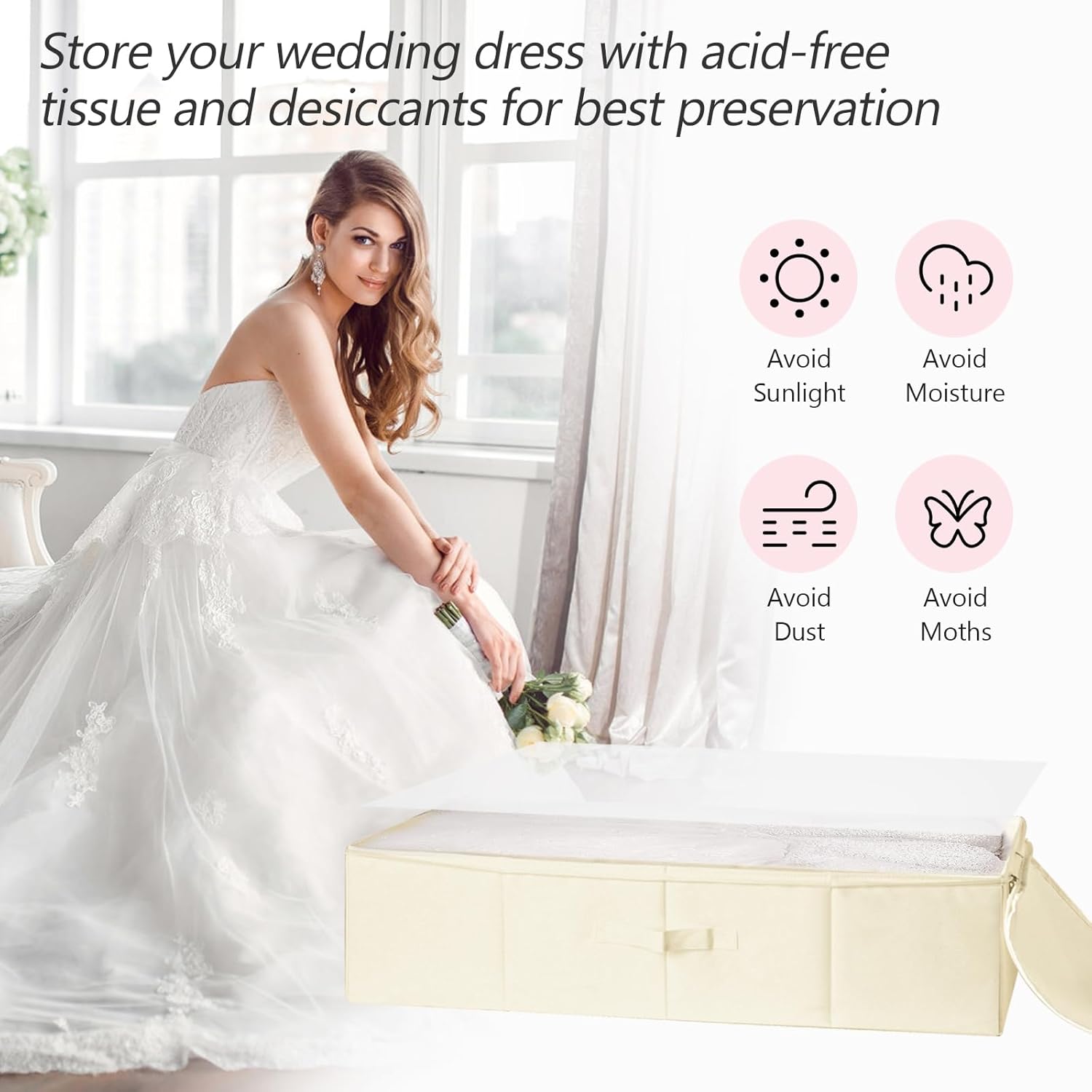 Large Wedding Dress Preservation Box Kit, Wedding Dress Storage Box with 30 Sheets of Acid-free Tissue Paper, Microfiber Gloves, Dust-proof Bag and desiccants, Beige, 30 x 15.7 x 7.4 In