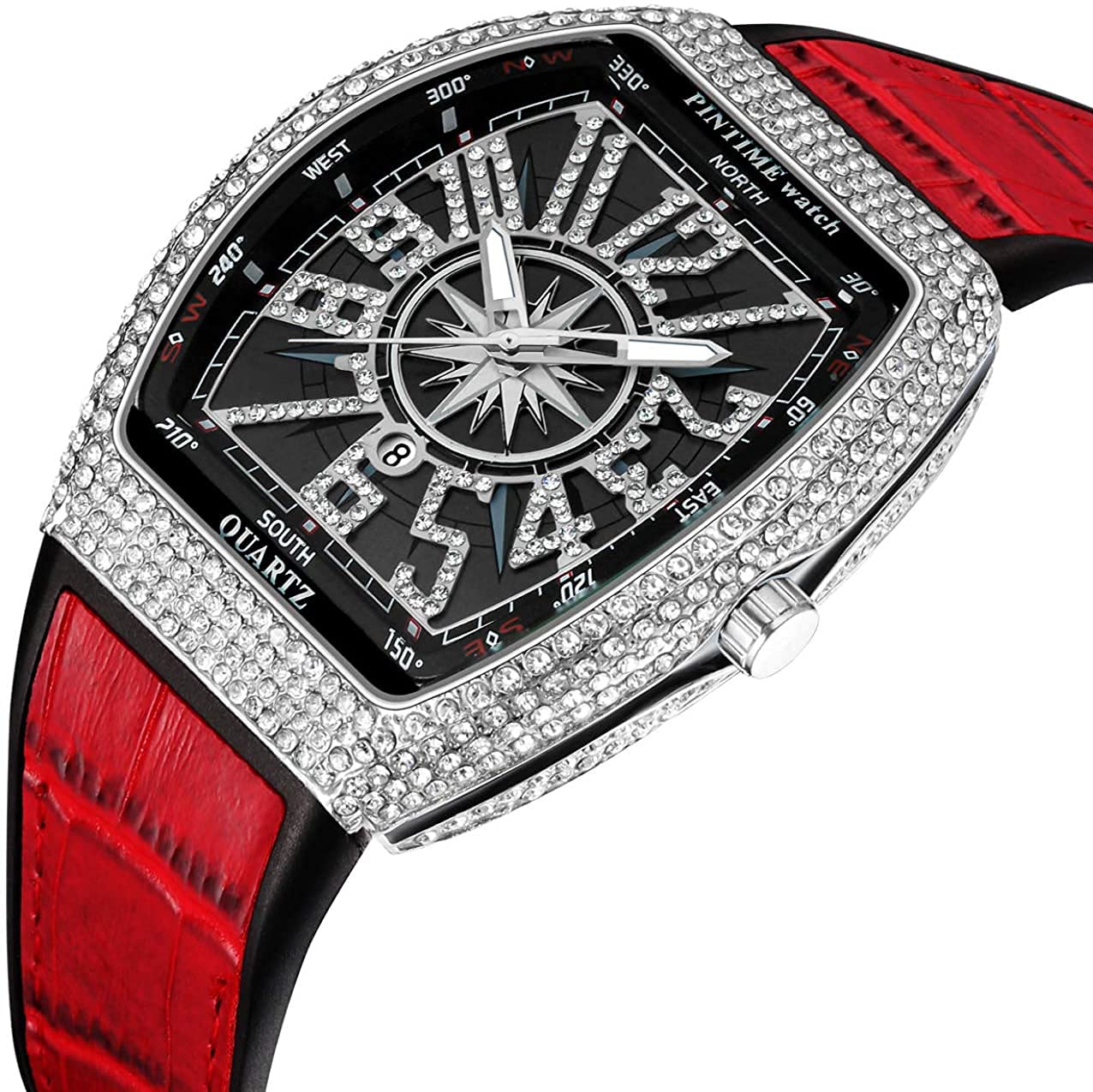 FANMIS Orologio da polso da uomo con teschio grande, con quadrante punk, con cinturino in pelle e calendario, al quarzo, sportivo, con quadrante, Argento rosso, Rettangolo Punk Diamante Orologio