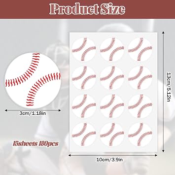180Pcs Baseball Stickers, 1.18inch Self-Adhesive Baseball Sports Stickers, Decorative Baseballs Theme Labels for Party Favors, Birthday, Team, Gift, Helmets