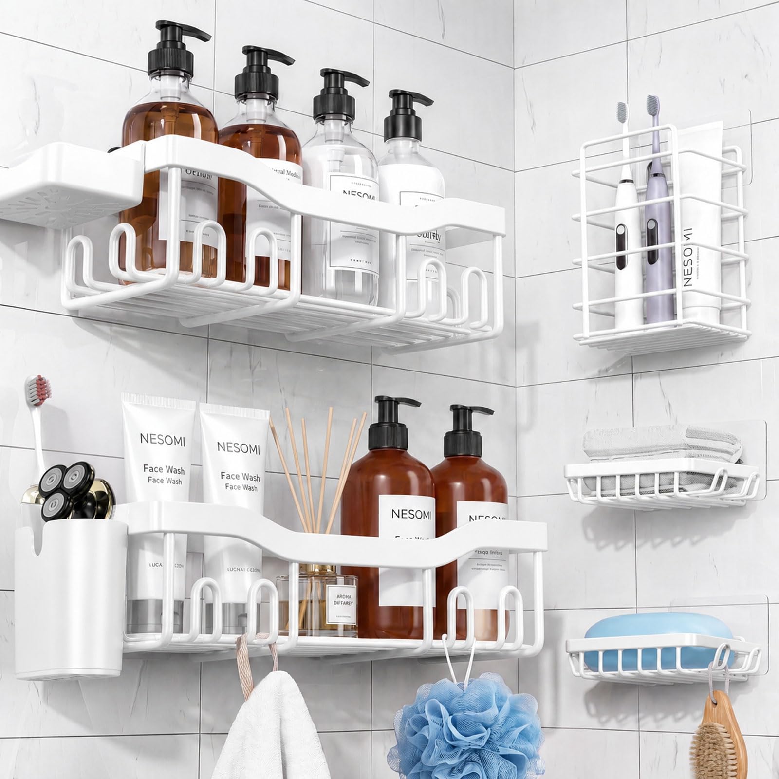 NESOMI Shower Caddy Adhesive Shower Organizer 7-Pack, Rustproof Stainless Steel Bathroom Shelves, Large Capacity No-Drill Rack Storage Accessories with Soap Dish Toothbrush Holder Hooks