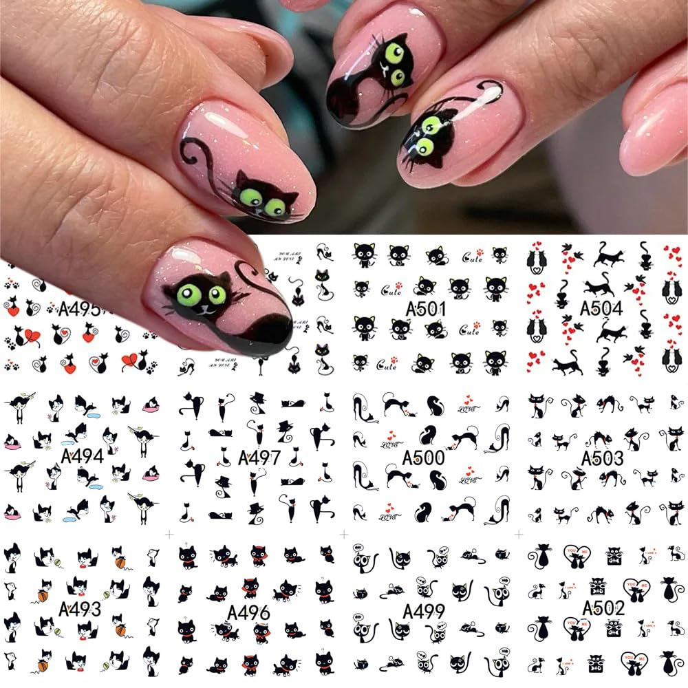 12Pcs Black Cats Nail Stickers for Nail Art, LPOODDNU