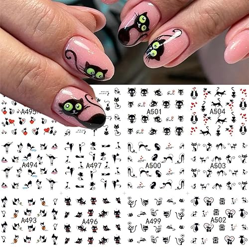 12 calcomanías de uñas de gatos negros para arte de uñas, Halloween, Halloween, gato, calcomanías de arte de uñas, lindos deslizadores de animales
