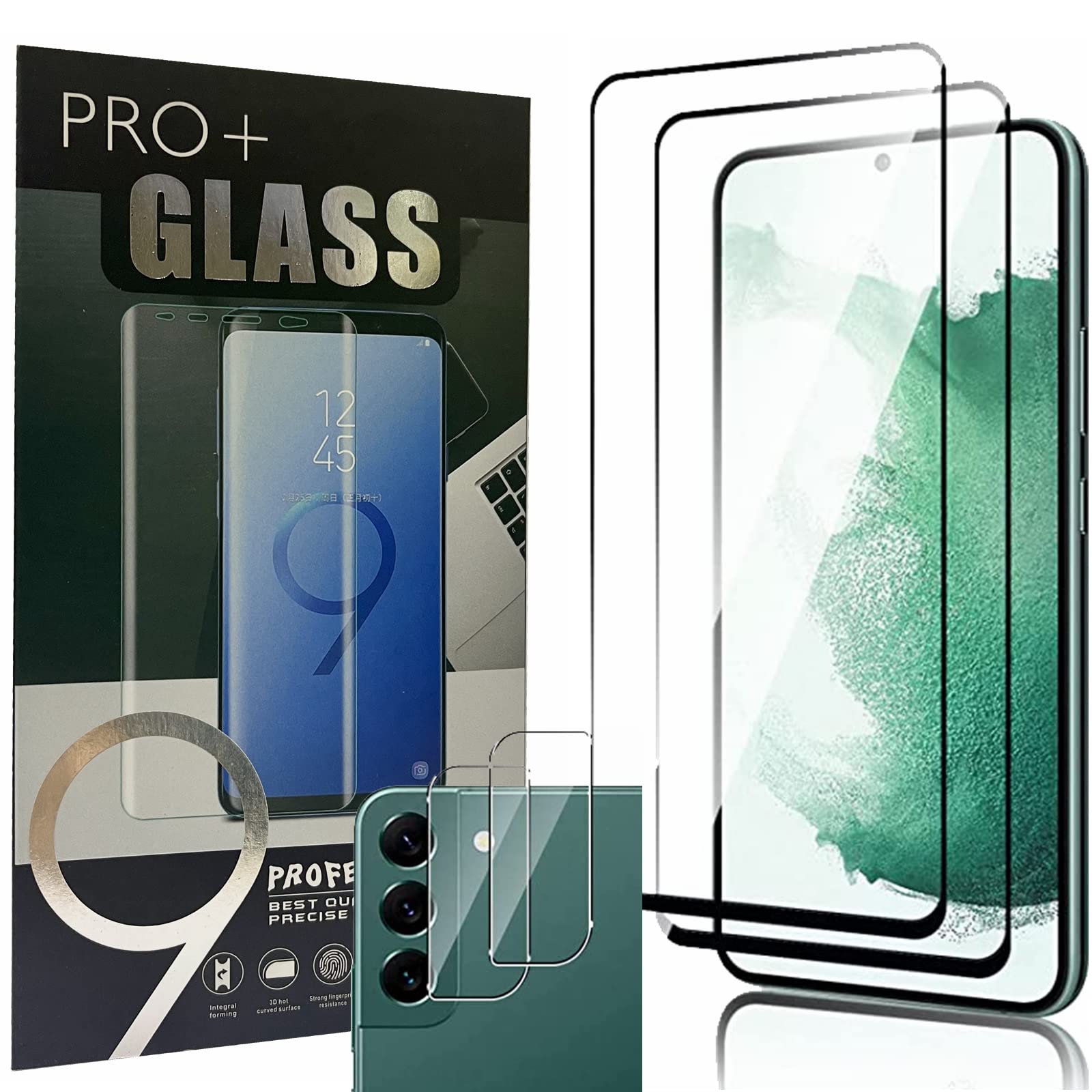 [2+2 Pack] Compatible with Samsung Galaxy S22Plus 5G 6.7inch Screen Protector Tempered Glass + Camera Lens Protector Galaxy SPLUS Black