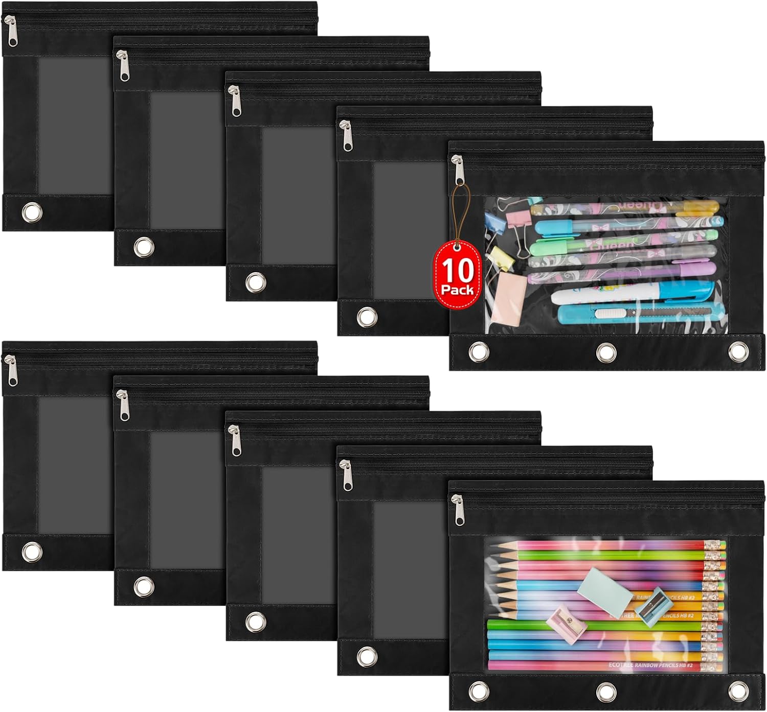 IKAYAS 10 Pack Black Pencil Pouch for 3 Ring Binder bulk