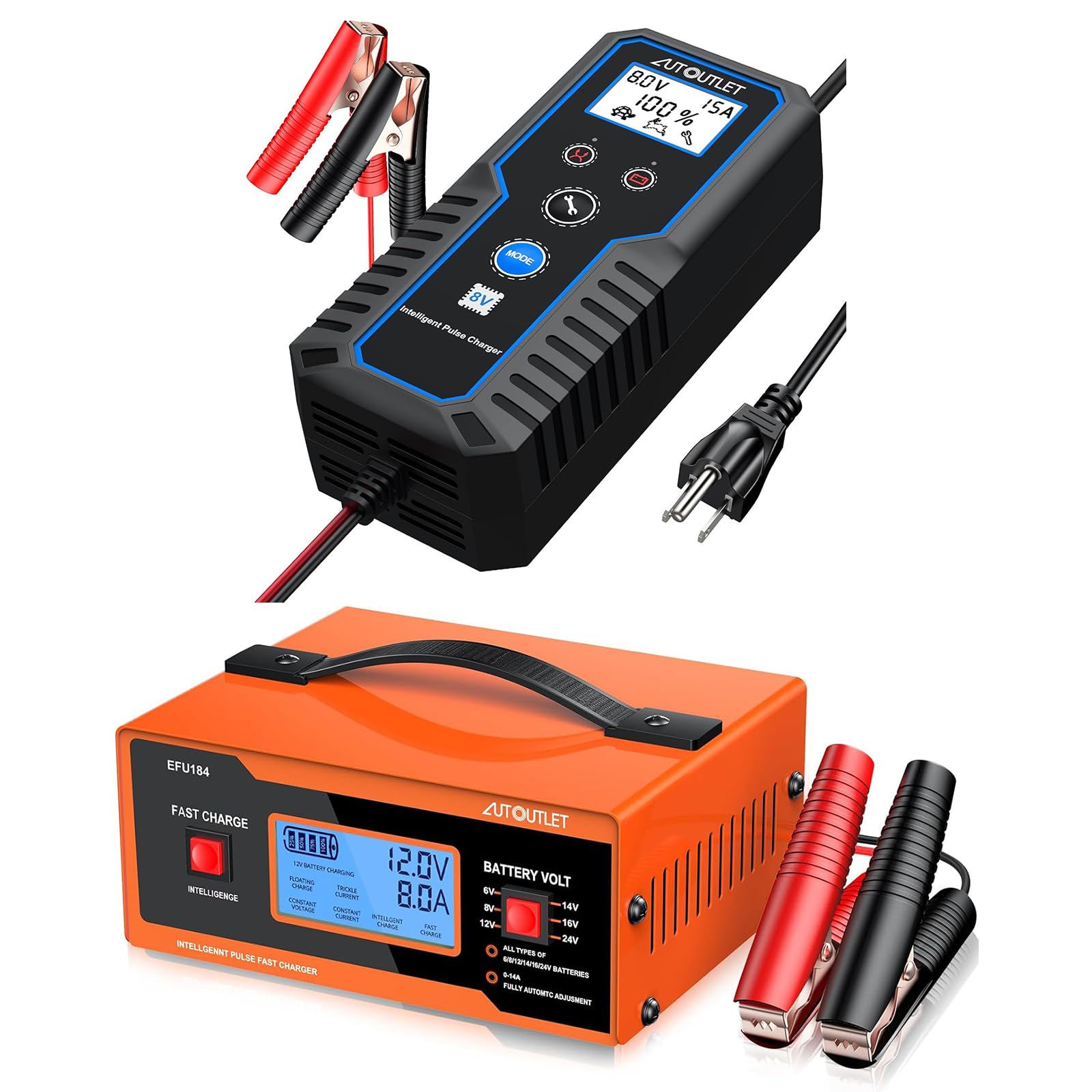 AUTOUTLET 8V Golf Cart Battery Charger 0–15A Smart Automatic, Trickle Charger & Battery Maintainer with LCD Display, PWM 4-Stage Charging for AGM Gel Lead Acid Batteries