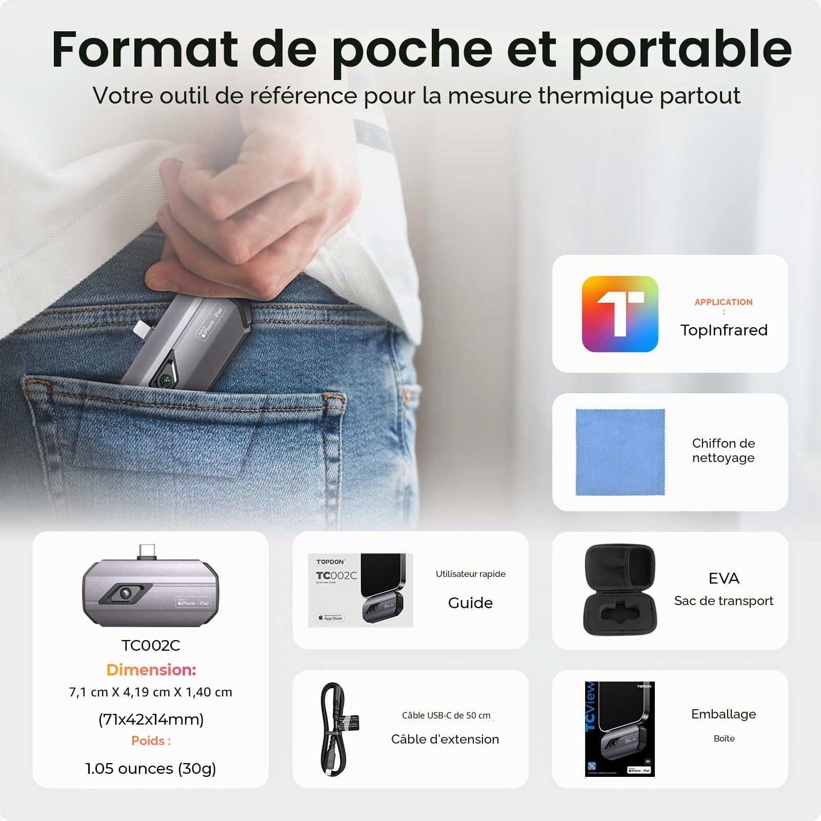 TOPDON Caméra thermique TC002C pour iPhone 15/16, 512x384 TISR haute résolution, -20°C à 550°C avec rapport de test infrarouge, 25Hz, Imageurs thermiques avec port Type-C pour l'électricité