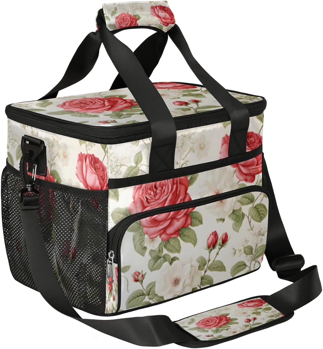 Blossom Floral Insulated Picnic Backpack Lunch Box for Women Men Picnic Basket Tote Lunch Bag Picnic Bag Portable Lunch Bags for Picnic, Beach, Work, Trip,Office, Camp Roses Red