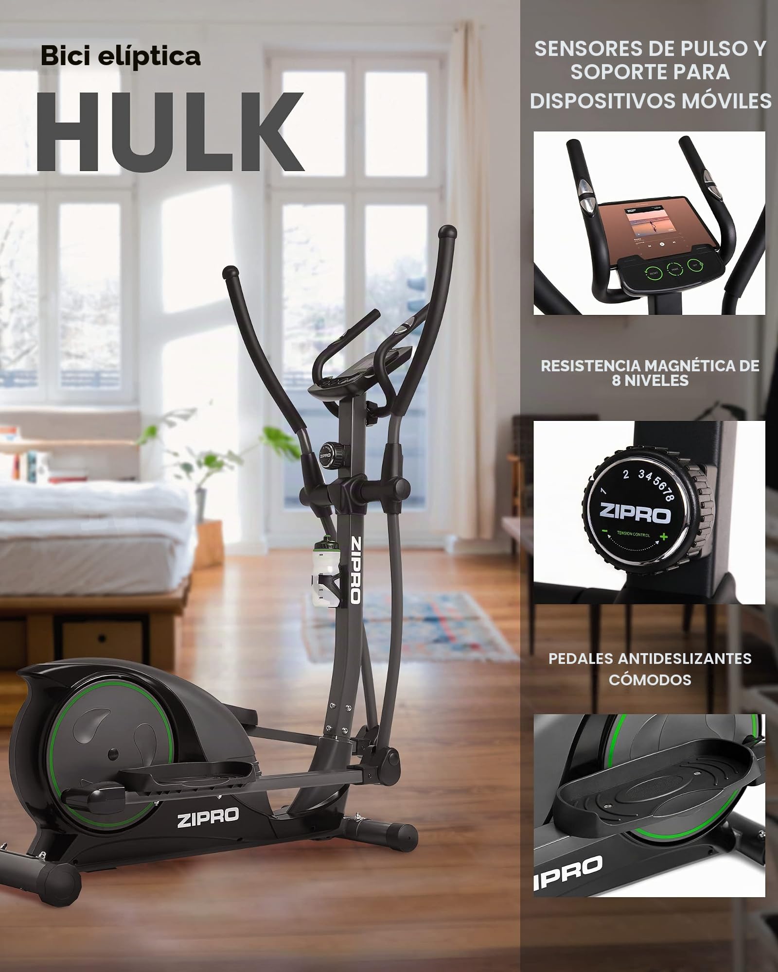 Zipro Elíptica Hulk, Resistencia de hasta 150 kg, Ideal para el hogar, Equipo de Entrenamiento Cardiovascular, máquinas de Ejercicio, Entrenador doméstico, 8 Niveles de Resistencia