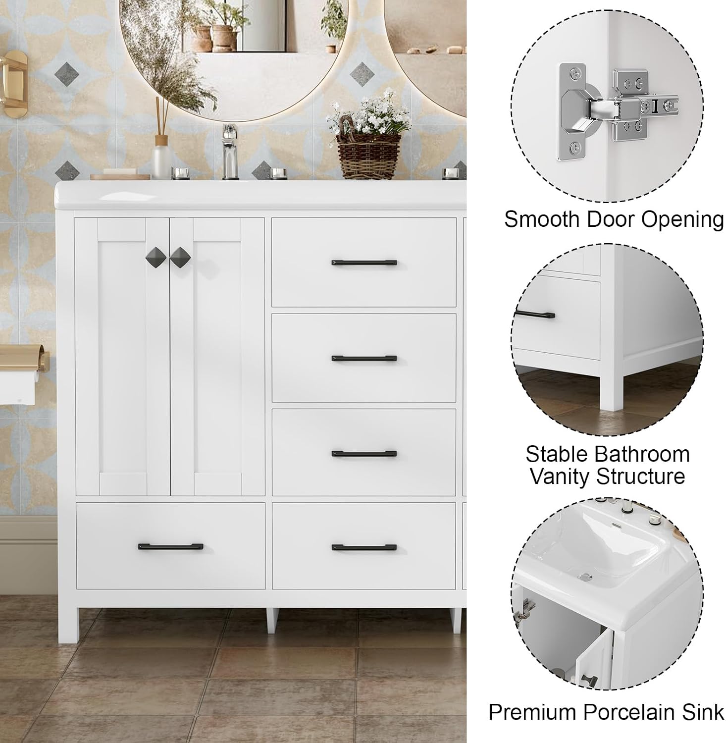 46.7 inch Bathroom Sink Vanity Combo, Large Freestanding Double Bath Vanity Sink Set with 2 Cabinets & 5 Drawers, Dual Basin Modern Bathroom Storage Cabinet, Modern White