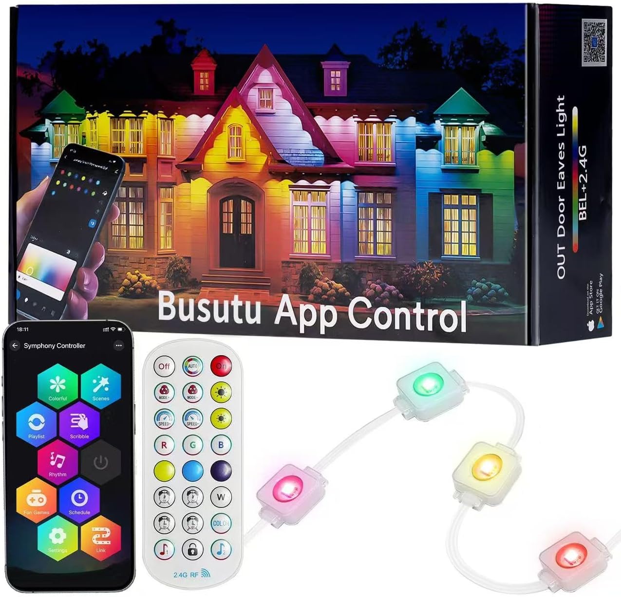 busutu Permanent Outdoor Lights, APP- Contorlled 50ft RGB 30 LED Lamps, IP67 Waterproof, 100 Scene Modes for Christmas Decor, Compatible with Alexa Google Assistant