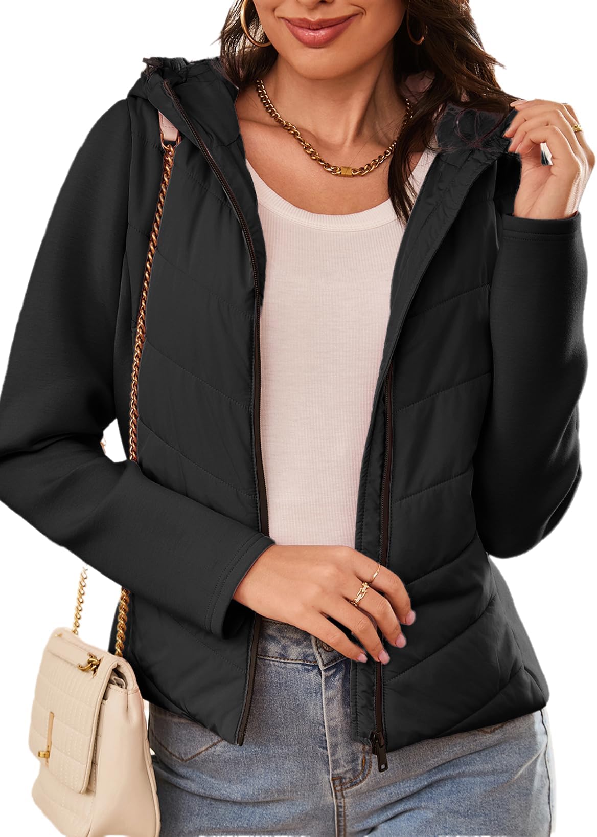 DokotooWomen's Warm Quilted Lightweight Puffer Jacket Slim Fit Elasticity Patchwork Casual Hooded Puffer Coat