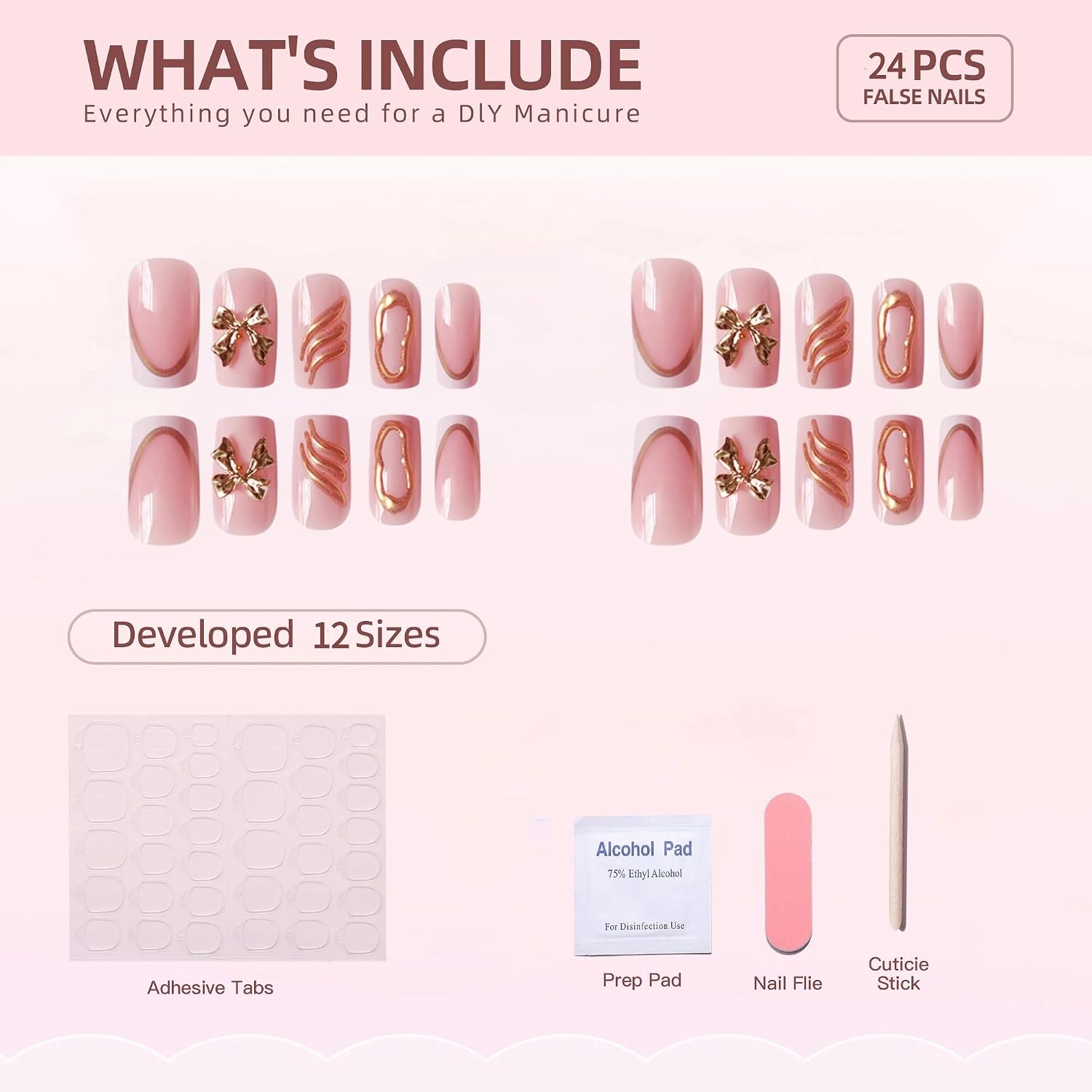 24pcs White French Tip Press on Nails Short Square False Nails Pink Full Cover Fake Nails with Gold Bow Charm Design Acrylic Nails Press ons Glossy Reusable Stick on Nail for Women — image 6 of 7
