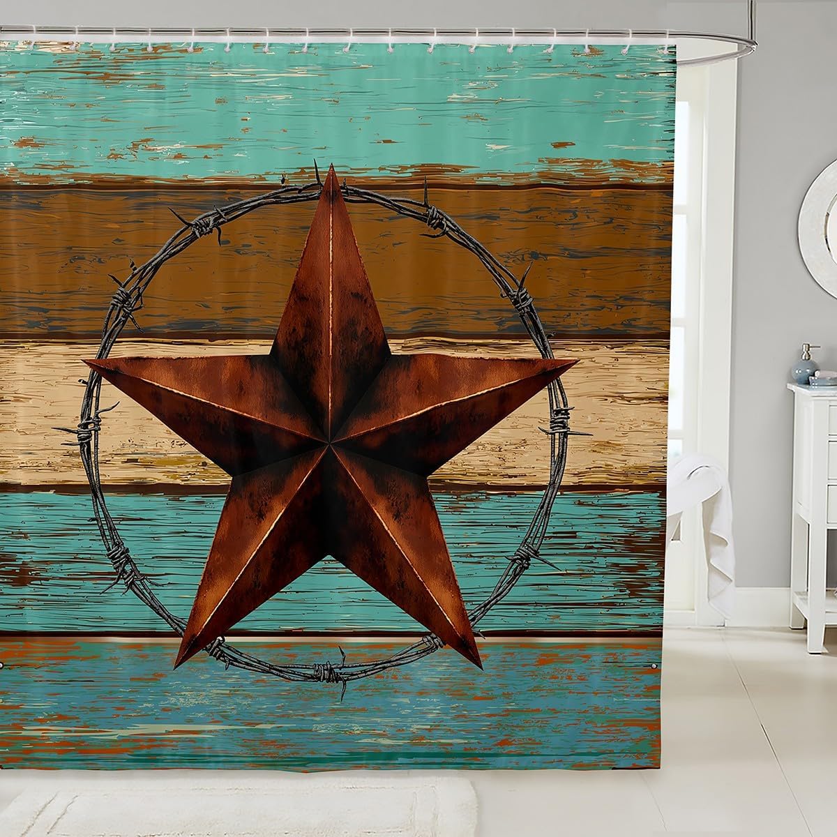 Western Texas Star Kids Shower Curtains,Old Wooden Door Barn Vintage Bathroom Curtains for Girls Boys Adults,Cowboy Rustic Farmhouse Blue Brown Waterproof Curtains,12 Hooks Suits,72"W x 84"L