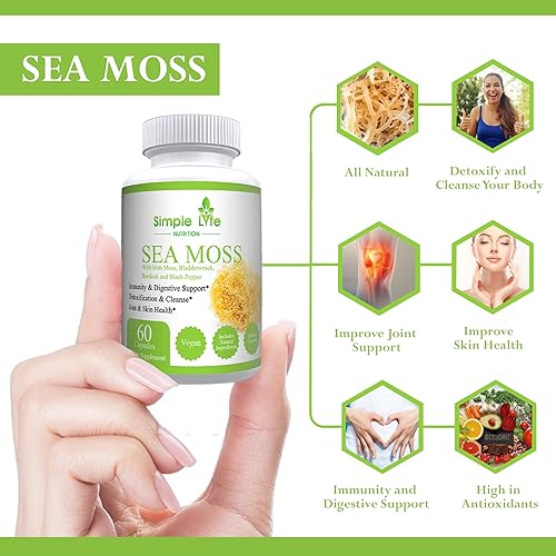 Miniatura 5 de Cápsulas de musgo marino irlandés orgánico de 1400 mg – Avanzadas con raíz de bardana, vejiga y pimienta negra – Sistema inmunológico, limpiador