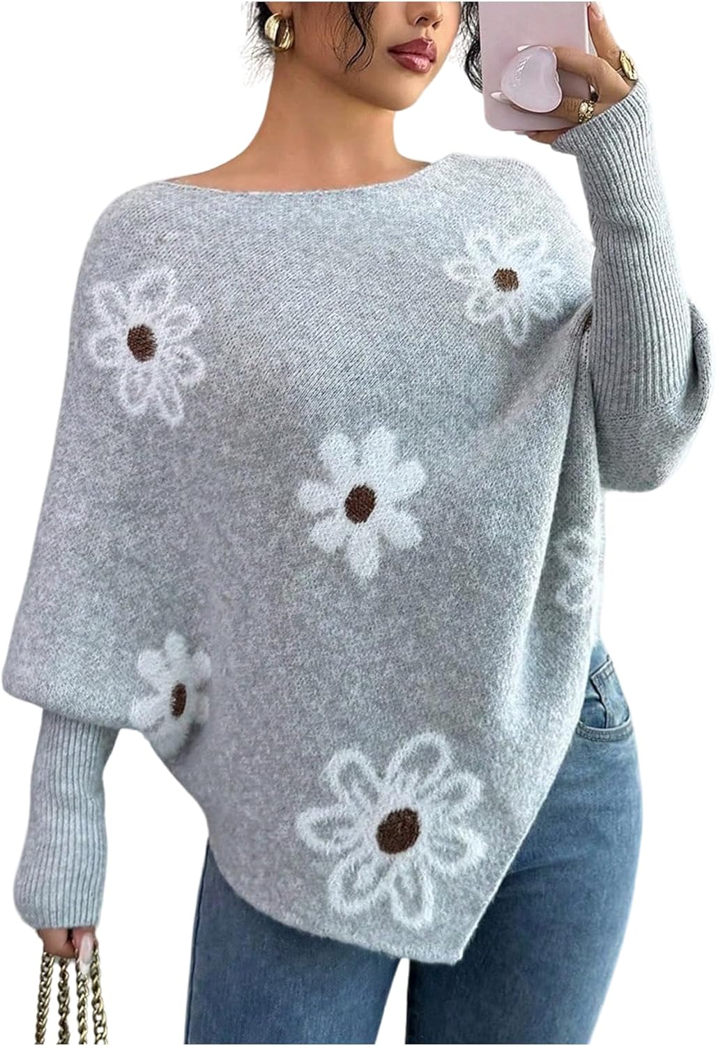 SOLY HUX Women's Floral Sweater Cute Long Sleeve Asymmetrical Knit Pullover Shirts Office Tops