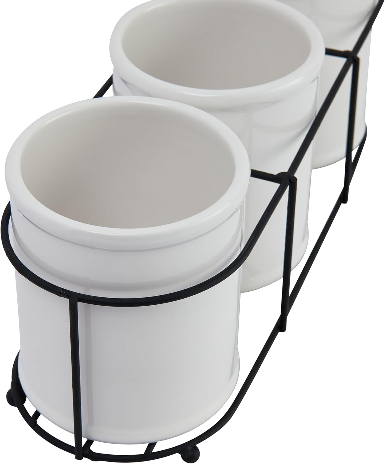 Set of 3 White Ceramic Crocks in Black Metal Holder