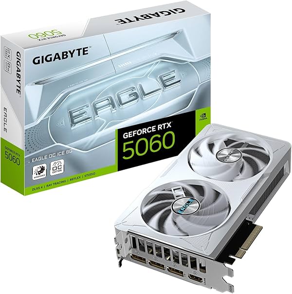 Tarjeta gráfica GIGABYTE GeForce RTX 5060 Eagle OC ICE 8G, 8GB 128-bit GDDR7, PCIe 5.0, sistema de enfriamiento WINDFORCE, por NVIDIA, interfaz de salida de video DisplayPort y HDMI, GV-N5060EAGLEOC ICE-8GD