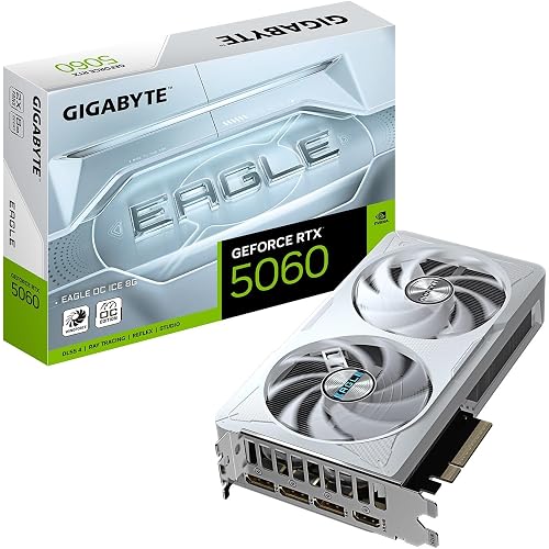 GIGABYTE GeForce RTX 5060 Eagle OC ICE 8G Graphics Card, 8GB 128-bit GDDR7,PCIe 5.0, WINDFORCE Cooling System, by NVIDIA,DisplayPort & HDMI - Video Output Interface,GV-N5060EAGLEOC ICE-8GD Video Card