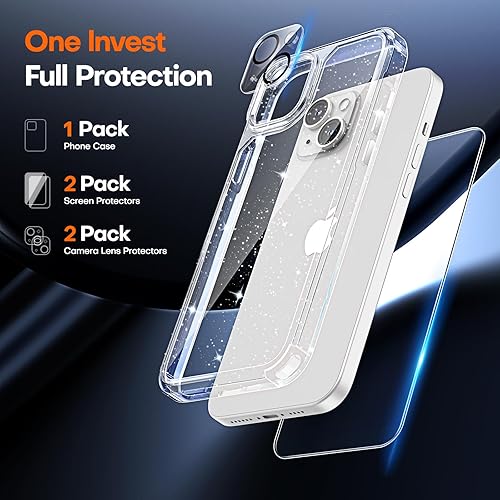 Miniatura 3 de TAURI Funda 5 en 1 con purpurina para iPhone 14, no amarilla con 2 protectores de pantalla + 2 protectores de lente de cámara, protección contra