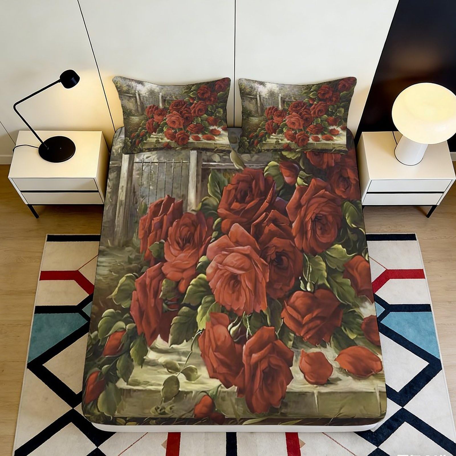 3D Printed Red Rose Fitted Sheet Microfiber Soft Romantic Garden Bed Cover for Bedroom Guest Room Mattress Decor 90x200x25cm