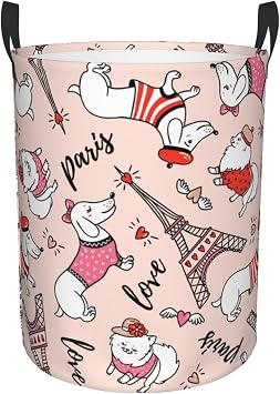 Dachshund and Eiffel Tower Laundry Basket with Handle Waterproof Collapsible Cloth Hamper Round Storage Basket for Bathroom Bedroom College Dorm