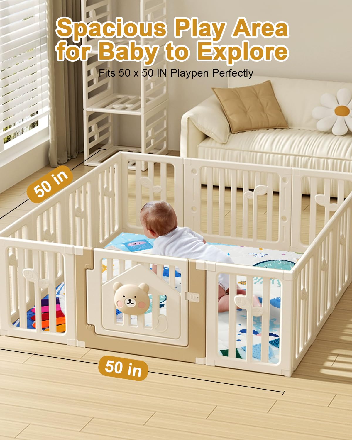 Premium Foam Baby Play Mat 50x50, 4 Developmental Zones Play Mat with Removable & Machine Washable Cover, Extra Thick Padding Playpen Mat, Easy to Clean for Infants, Toddlers & Babies