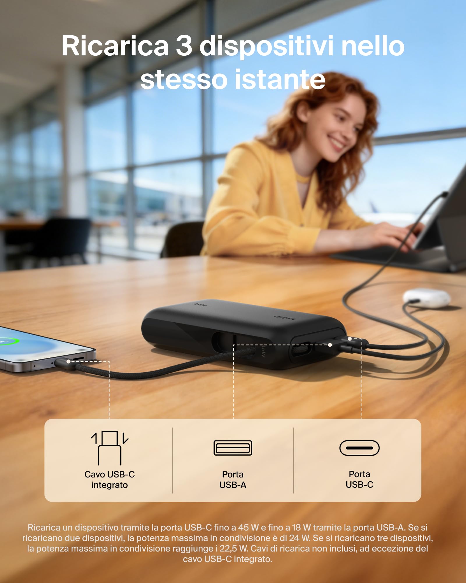Belkin UltraCharge Power Bank 10000mAh con Cavo USB-C e Display - Nero | Caricatore Portatile 10000mAh, Ricarica 3 dispositivi (1 USB-C, Cavo USB-C Integrato, 1 USB-A), 45W, Pre-Caricato, Display